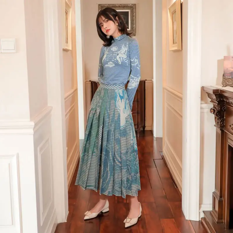 

2020 Fashion Literary Printing Pleated Skirt Women Abstract Pattern A Line Skirts Elegant Autumn Winter Clothes Women V121