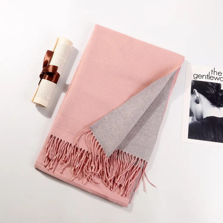 Pink Gray Горячий осенний и зимний шарф женский сплошной цвет матовый двухсторонний кролик бархат шаль дамы кисточкой шарф Дамская шаль - Цвет: Pink Gray