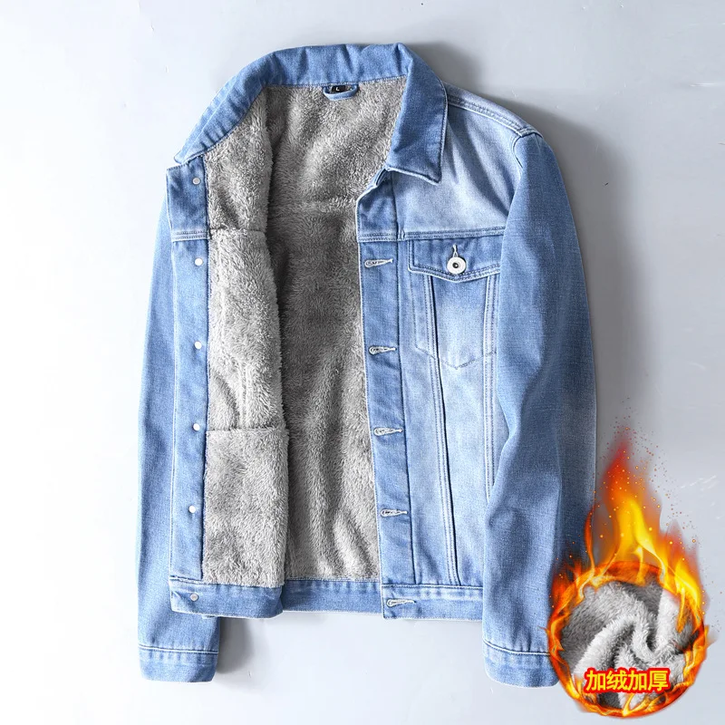 

Men Winter Jeans Jackets Lightblue Cowboy Outerwear Warm Denim Coats Wool Liner Thicker Fleece Plus Size 5xl solid