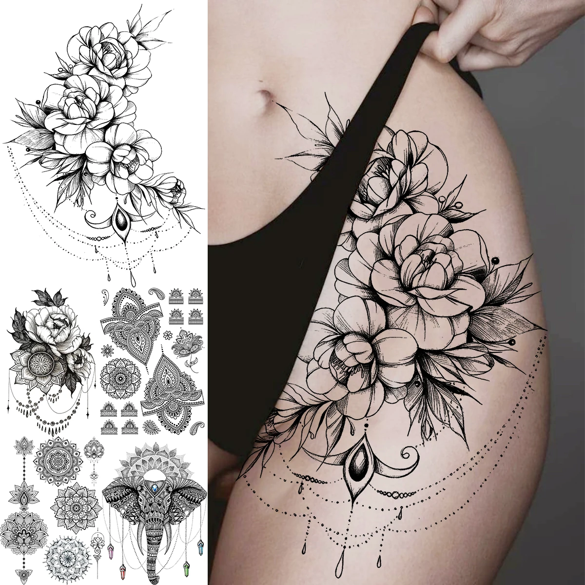 

Black Peony flower pendant Temporary Tattoos For Women Adult Mandala Thigh elephant Fake Tattoo Sexy washable tatoos decal