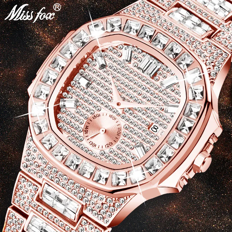 MISSFOX багет бриллиантовые часы для мужчин аналоговые розовое золото наручные
