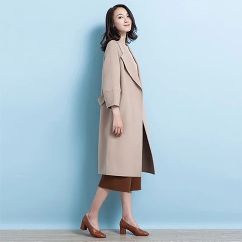 

Женское двухстороннее шерстяное пальто с поясом и жемчугом, твидовое пальто с V-образным вырезом и спущенными плечами, новинка зимы-осени, о...