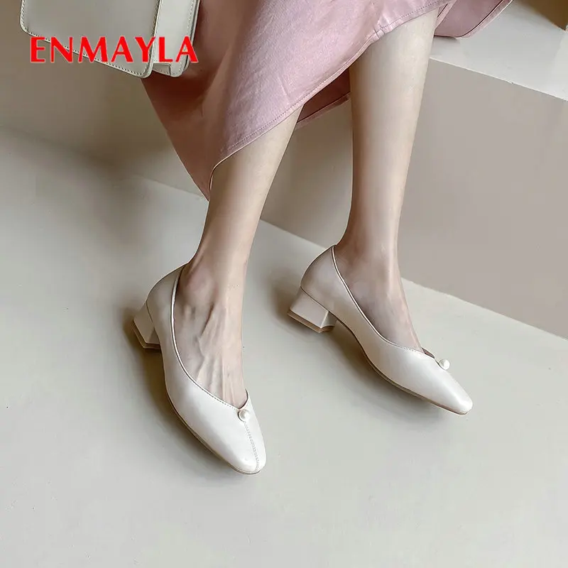 

ENMAYLA Microfiber Round Toe Casual Slip-On Square Heel Women High Heels Classics 2020 Pumps Women Shoes Pearl Shoes Size 34-43