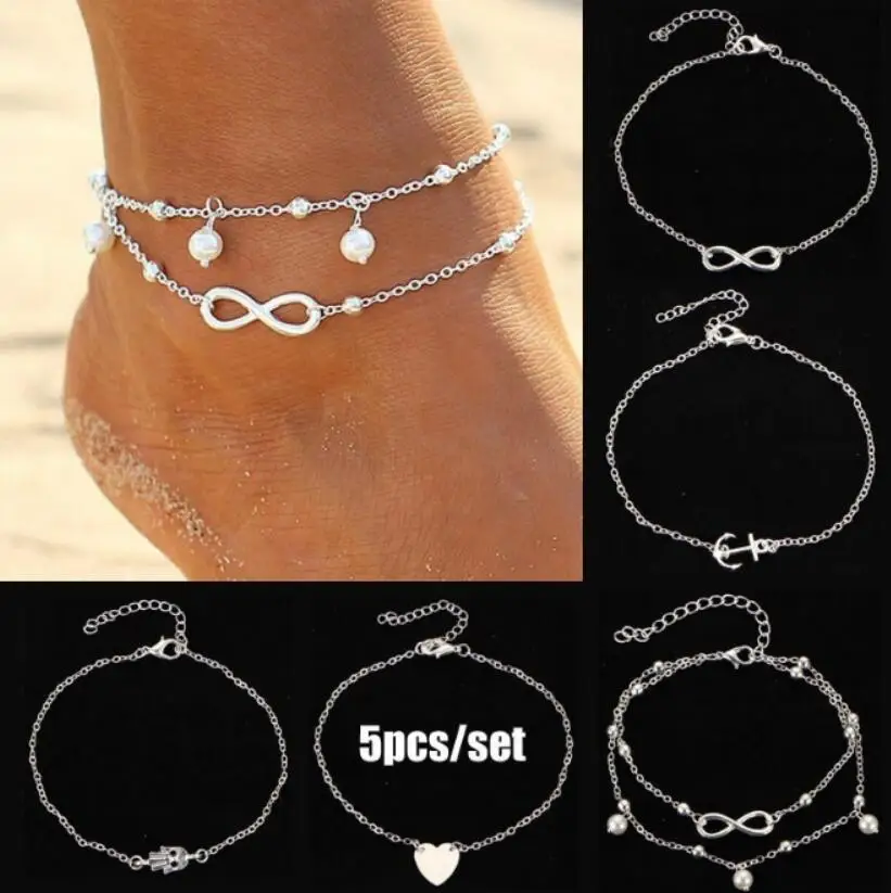 

5pcs/set Bohemia Silver Foot Beach Anklets Heart Palm Anchor Infinity Anklet Bracelet Luxury Foot Chain Women's Jewelry