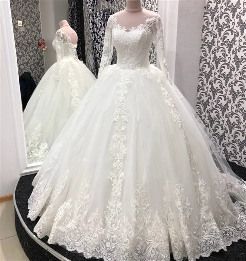 

White Long Sleeves Wedding Dress Lace Appliques Ball Gown Court Train Wedding Dresses Bridal Gowns Vestido De Noivas