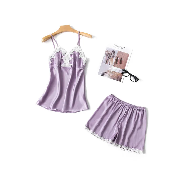 Pijama Mujer HomeWear Women Pajamas Suit Sexy Sleepwear Shortless Sleeve Black Pyjamas with Chest Pad Girl Shorts Lace | Женская одежда