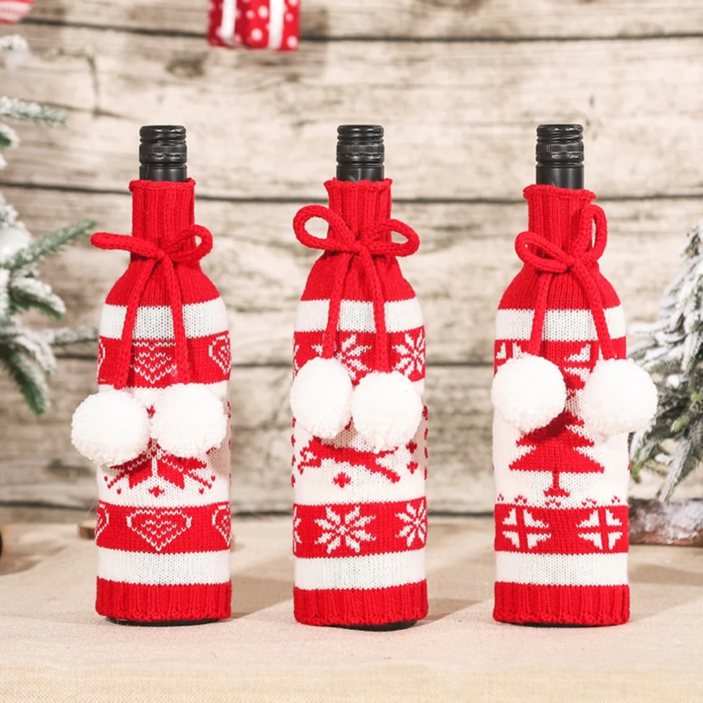 

Christmas Red Wine Champagne Bottle Covers Knitted Wool Ball Bottle Decorative Clothes New Year Home Party Desktop Ornaments