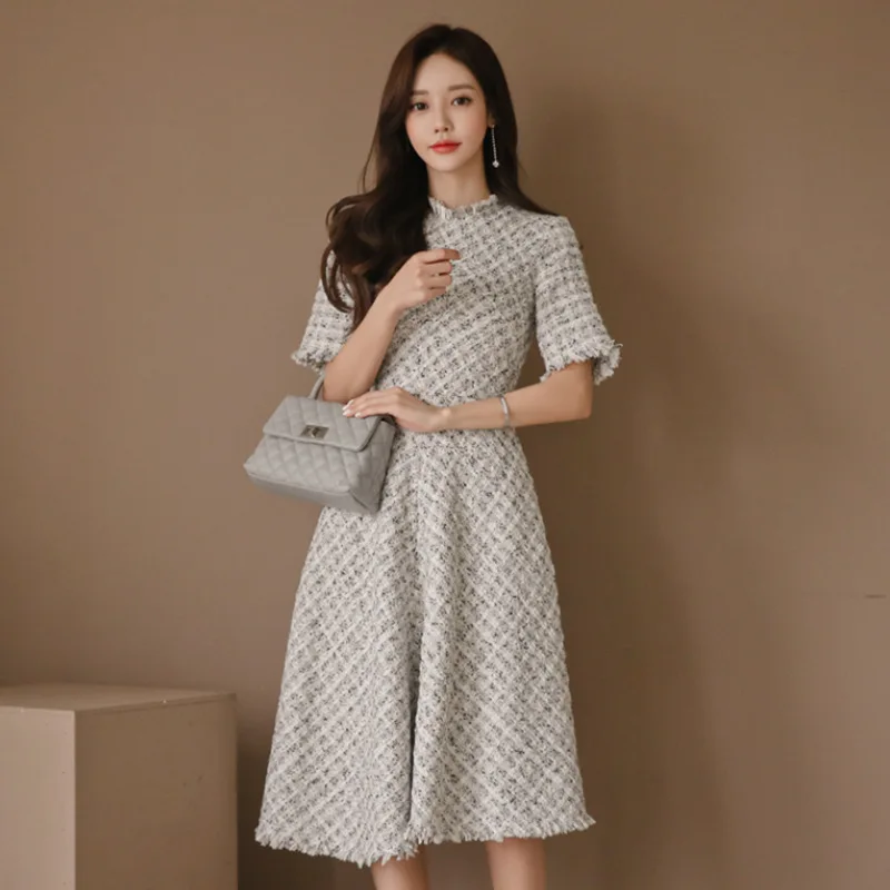 

FOLOBE 2021 Spring Autumn Fashion New Dresses Women O-neck Short Sleeve Slim Tessel A-line Dress Lady vestido feminino
