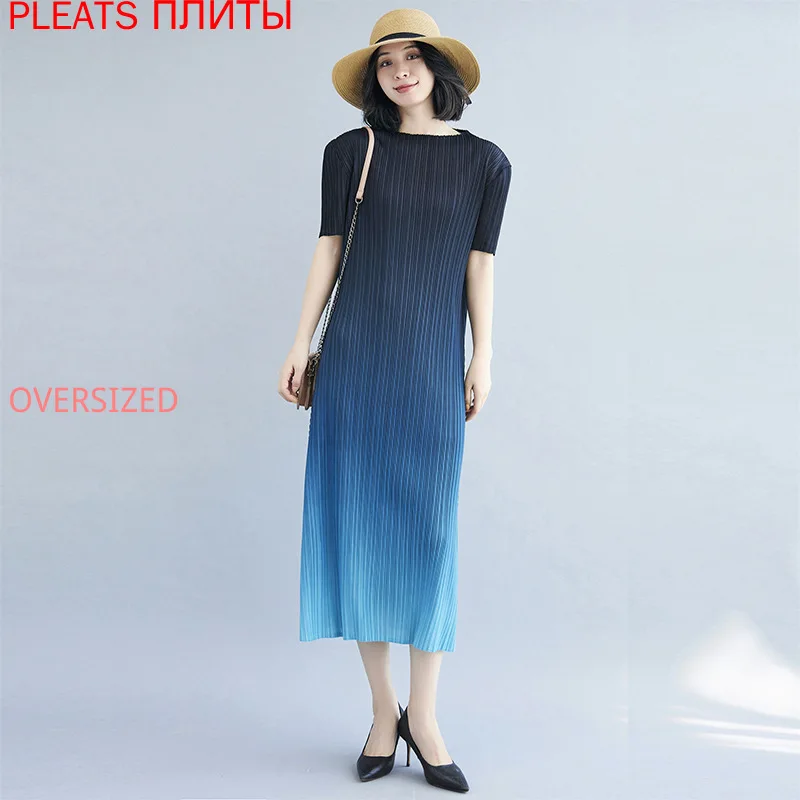 

Женское платье средней длины Miyake, модное платье феи с коротким рукавом и градиентом