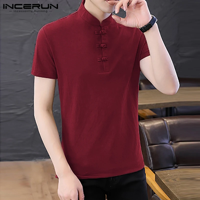 

INCERUN Chinese Style Men Shirt Solid Color Stand Collar Button Casual Tops Short Sleeve Vintage Streetwear Leisure Camisa 2021