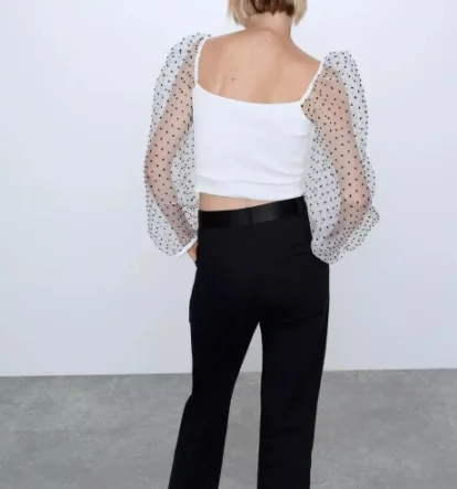 Белая блузка рубашка Женский Топ сморщенный шифон в горошек с пышными рукавами