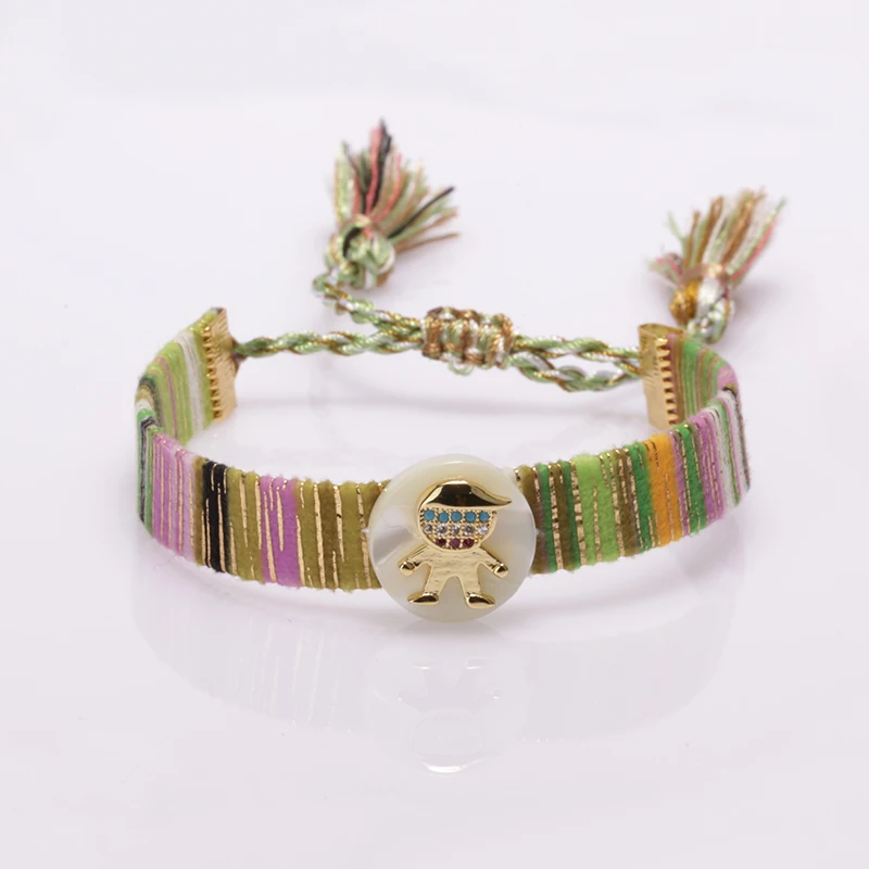 

5pcs/lot Ethnic Boho Bohemia Small Boy Girl Kid Image Gold Charm Soft Cotton Silk Tassel Wristband Adjustable Woman Bracelet