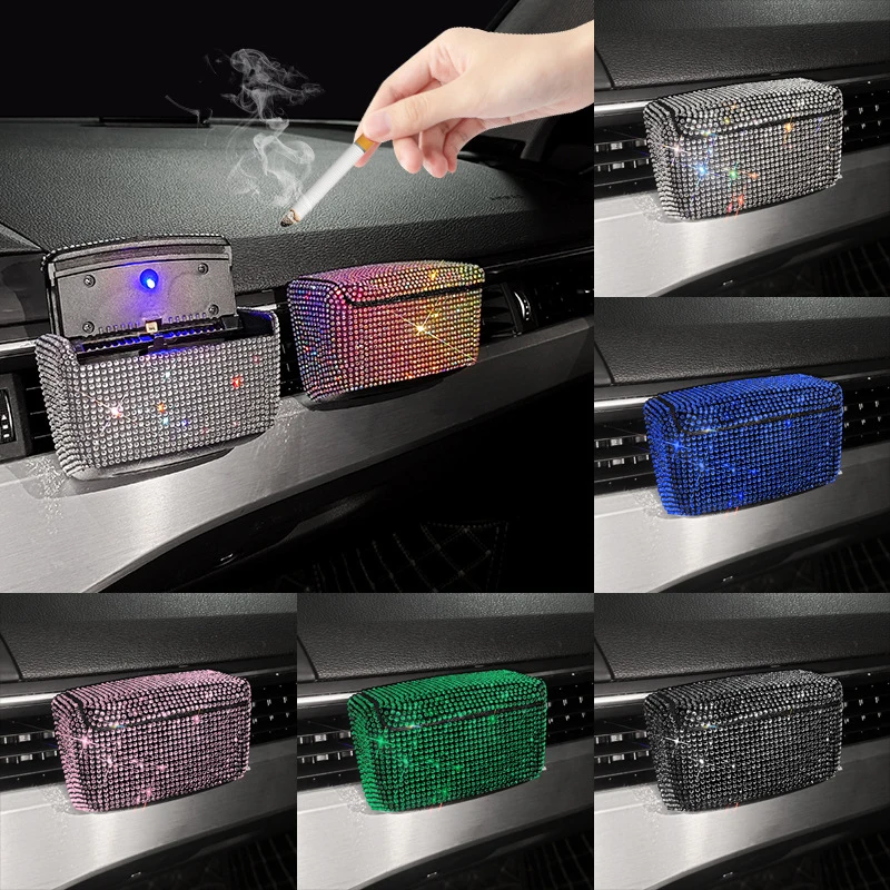 

Diamond Car Ashtray LED Light Portable Smokeless Auto Ashtray Bling Cigarette Holder Box Car Accessories for Girl Woman