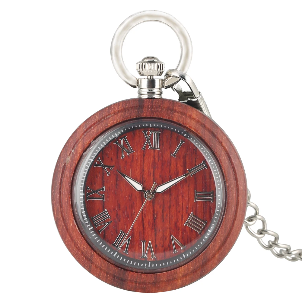 Excellent Red Ebony Quartz Pocket Watch Large Dial with Roman Numerals Pocket Watches for Women Night Light Pointers Pendant