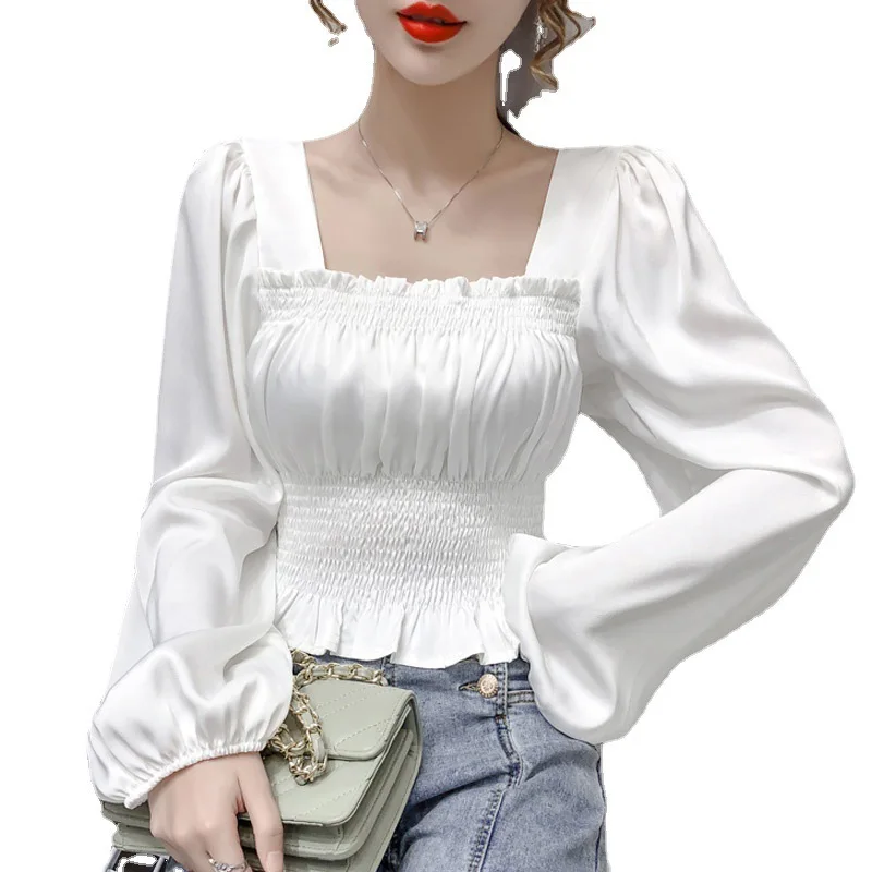 

Chiffon shirt women's 2021 spring/summer new long-sleeved waist square collar acetate satin puff sleeve short top