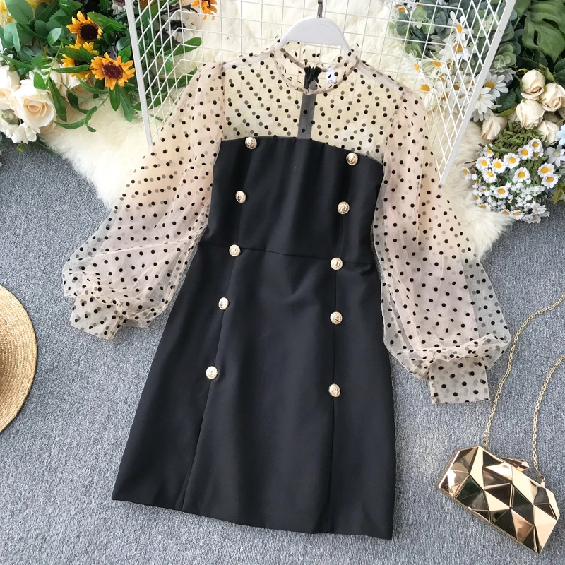 Осень 2020 Новое марлевое платье в горошек с длинным пышным рукавом свободное