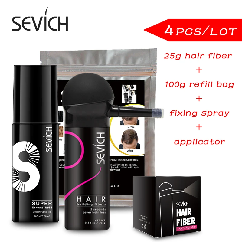 

Sevich Hair Building Fiber Kit 4pcs/lot 100g hair fibers + 25g gel+nozzle pump + fixing spray Hair Loss Product Fibers Extention