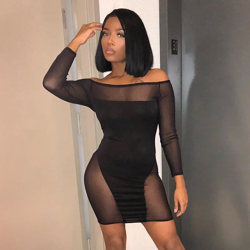 

Autumn New Black Mesh Stitching Long-sleeved Tight Mini Dress Sexy Nightclub Club Sheath Short Skirt Women Fashion Clothing