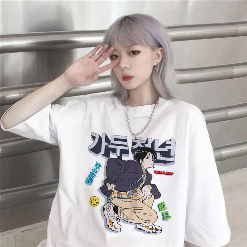 Футболка женская хлопковая с коротким рукавом в стиле хип-хоп принтом Корейском |