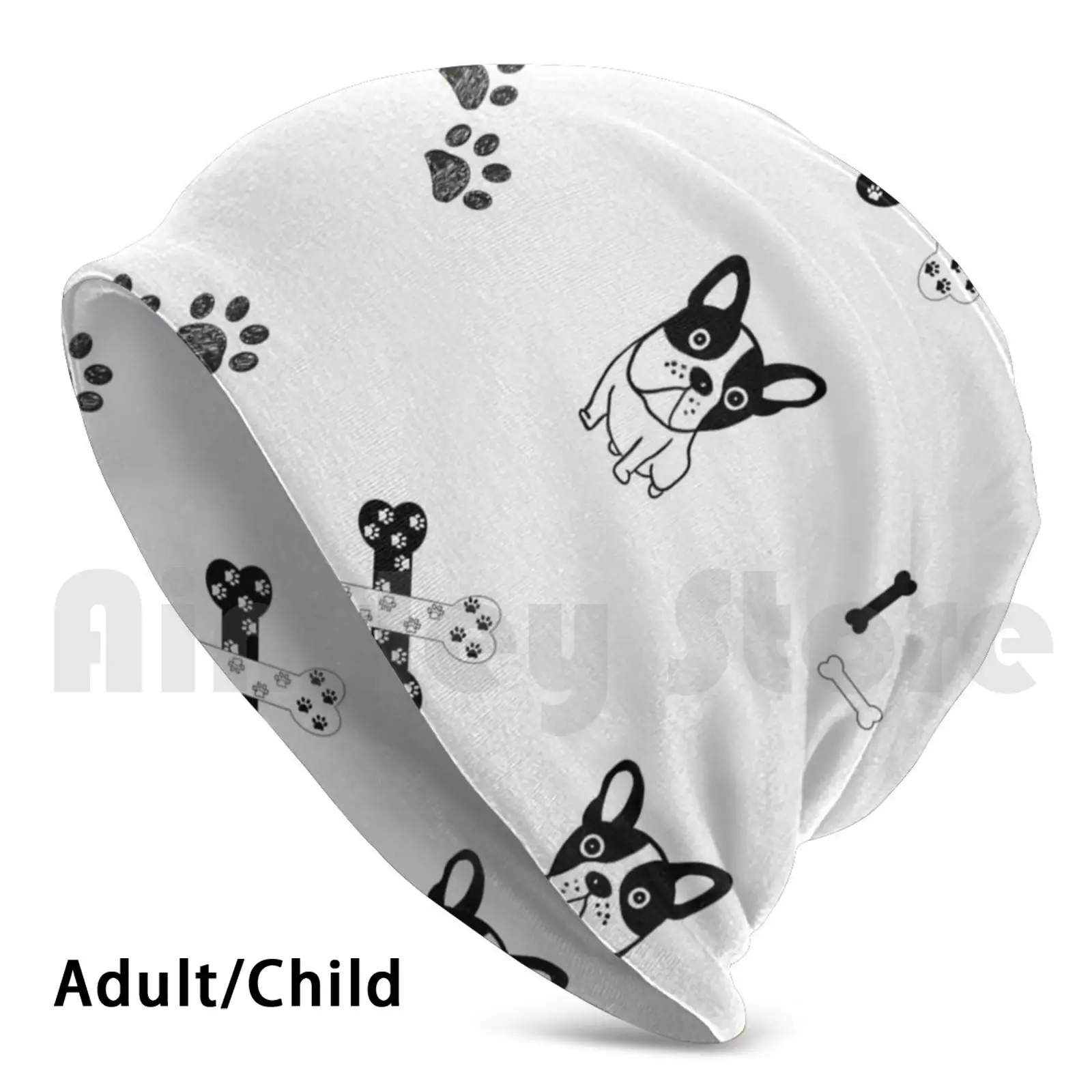 

287-Gulsen-Hand Drawn Bulldog , Paw Print And Bones Hound Design Pattern Beanies Knit Hat Hip Hop Bulldog Autumn Winter