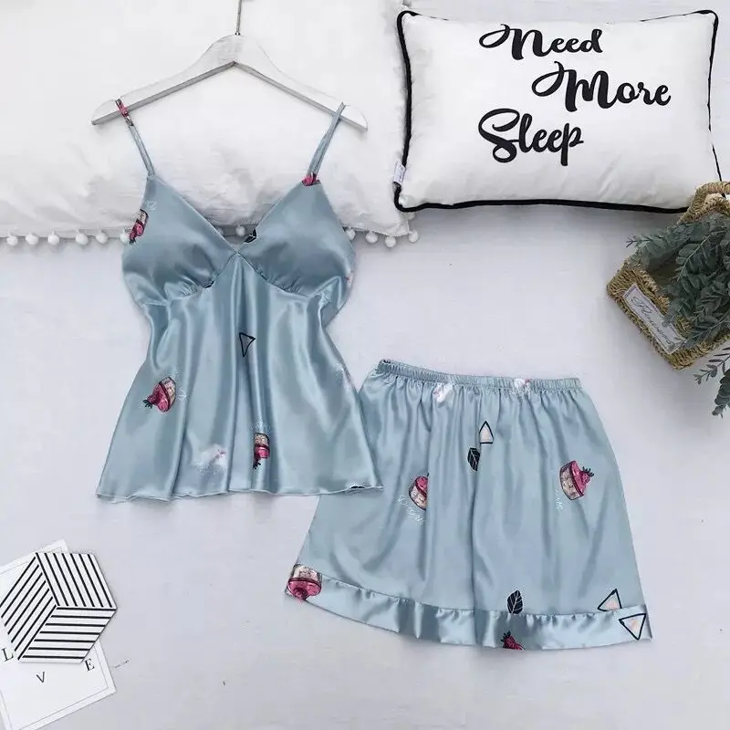 

Sleep Lounge Pajama Set Sexy Satin Sleepwear Women Summer Pyjama Femme Fashion Flower Pajamas for Women Pijama Mujer 2 Piece Set