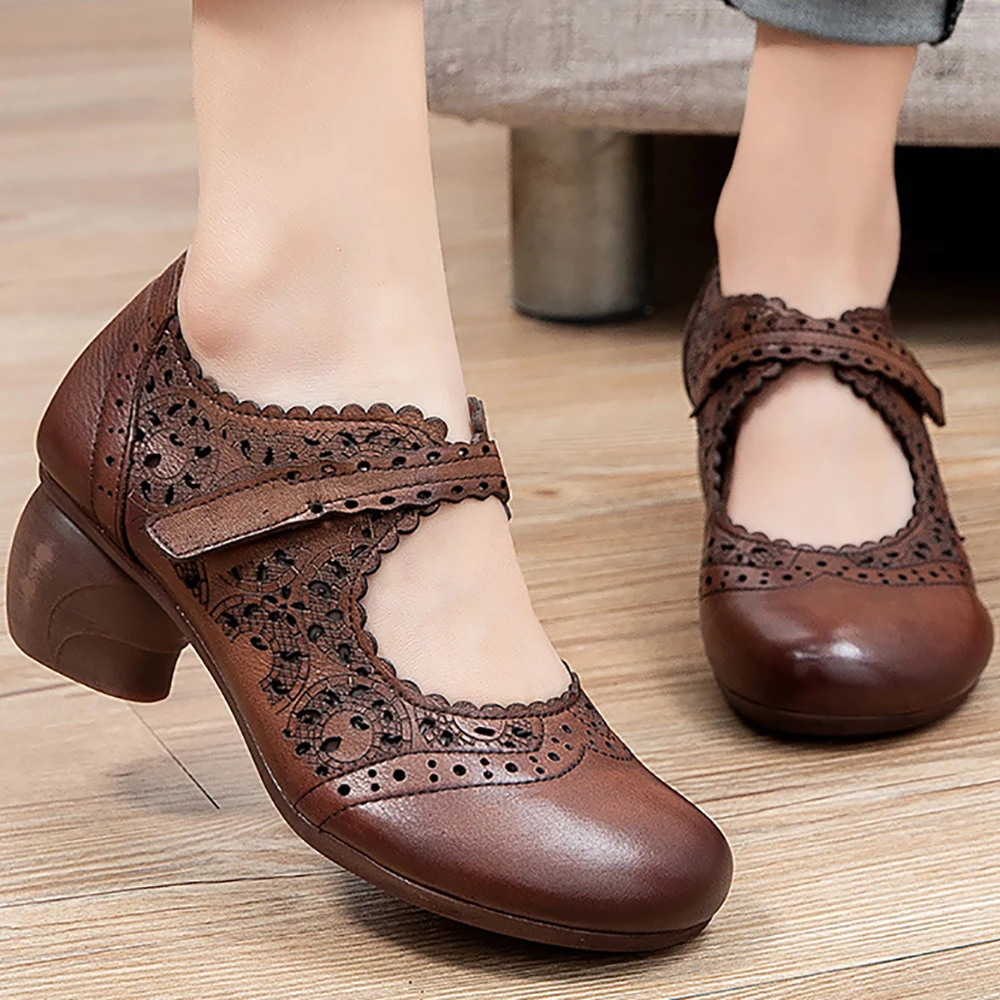 

Retro Genuine Leather Platform Pumps For Women 2021 Spring High Heel Soft Breathable Casual Shoes Female Vintage Summer Footwear