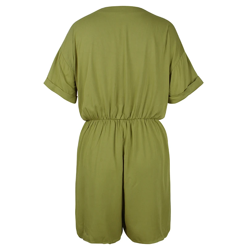 

Summer Button Playsuit Women Short Sleeve Casual Loose Sexy V-neck Lace Up Office Ladies Jumpsuits