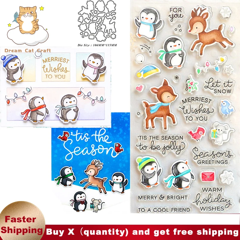 Sellos y troqueles de corte para manualidades, troqueles para &aacute;lbum de recortes en relieve, ping&uuml;ino, cervatillo, Navidad, invierno, 2021-0