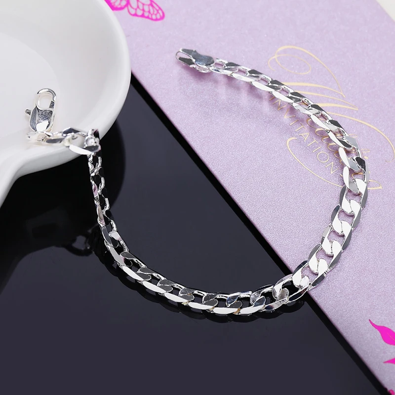 925 Silver Bracelets 8MM 10MM Flat Link Chain Women Men Wedding Fashion Jewelry | Украшения и аксессуары