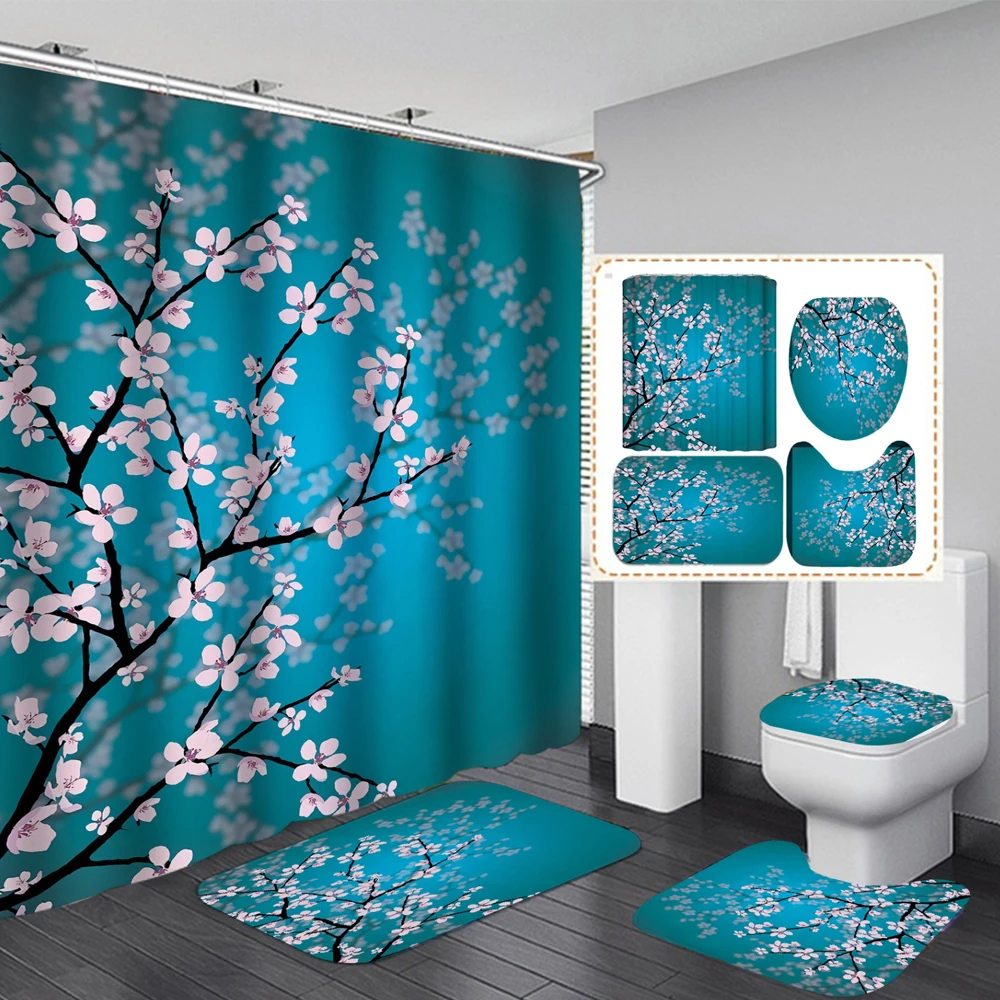 Cherry Blossoms Print Waterproof Shower Curtain Bathroom Mat Set Toilet Rugs Anti Slip Shower Carpets Set Shower Room Floor Mats