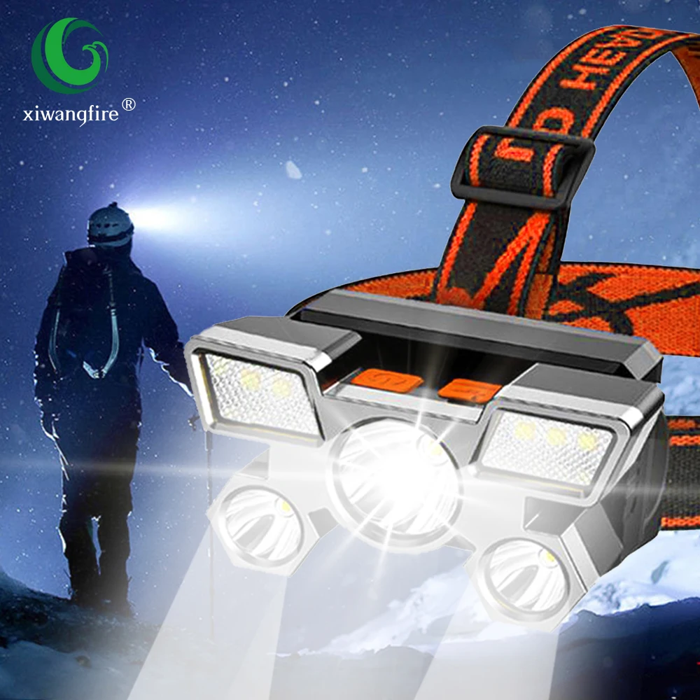 

XIWANGFIRE 5 светодиодов со встроенным аккумулятором 18650, USB перезаряжаемый портативный фонарик, фонарь, налобный фонарь, налобный фонарь для кем...