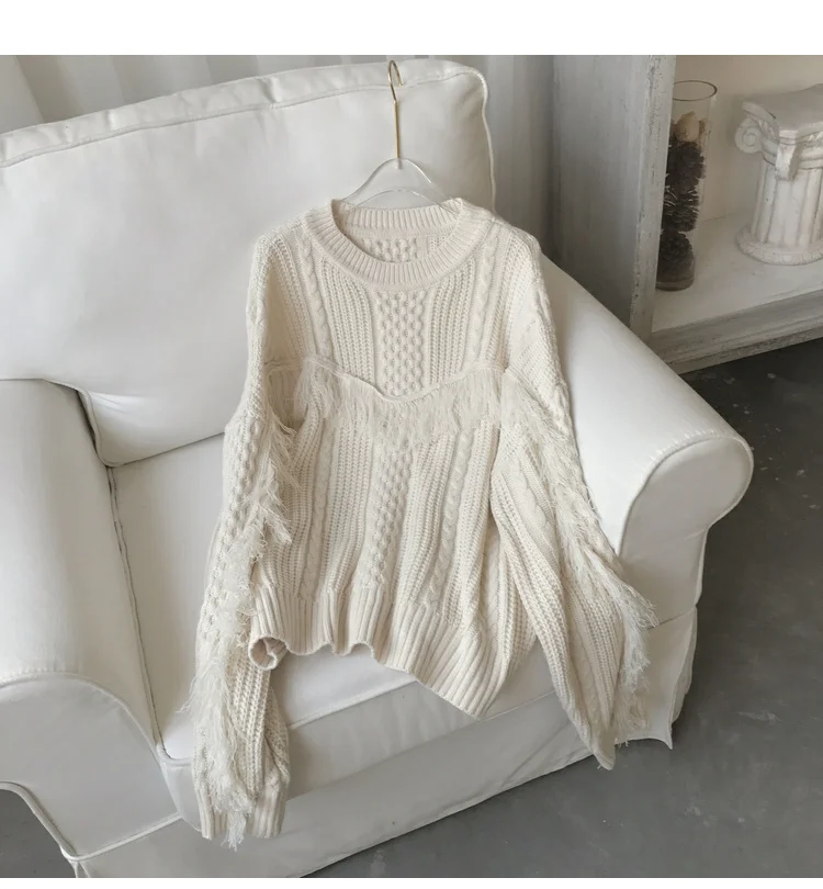 Белый вязаный свитер с бахромой женские зимние пуловеры новинка 2019 вязаные