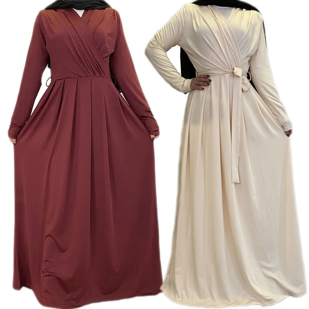 Женское длинное платье, однотонное, с V-образным вырезом