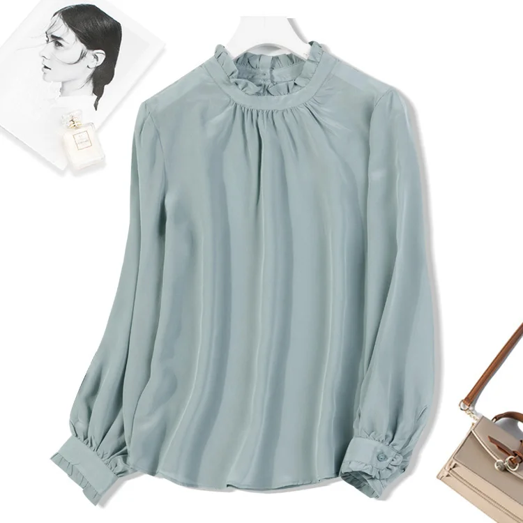 Для женщин 100% шелк тутового шелкопряда шелковый креп оборками со стоячим