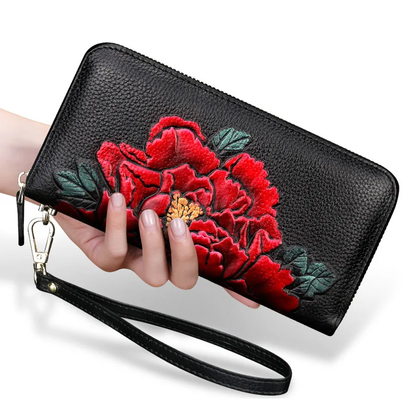 

Fashion Leather Women Wallets Long Clutch bag Folk-custom Flower Printing Cow Leather Wallet Card Holder Cell Phone Purse 2021