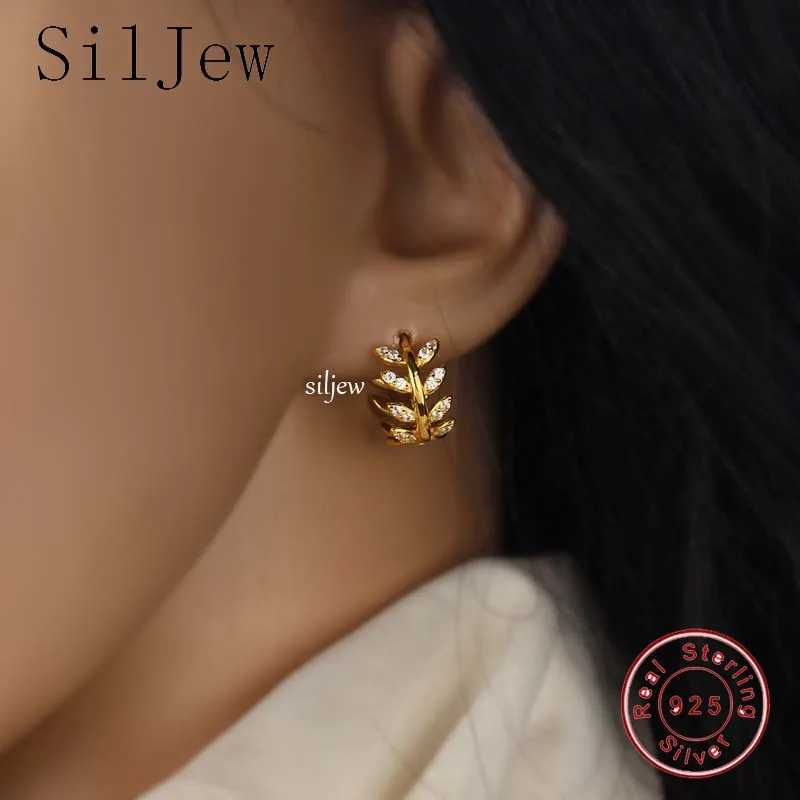 

SilJew Pave CZ INS Luxury Olive Branch Leaf Stud Earrings for Women Real 100% 925 Sterling Silver Teen Gift Fine Hoop Jewelry