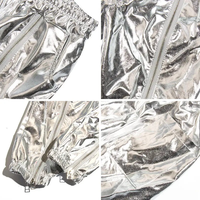 Брюки женские с блестками Модные шаровары на молнии серебристые Блестящие до