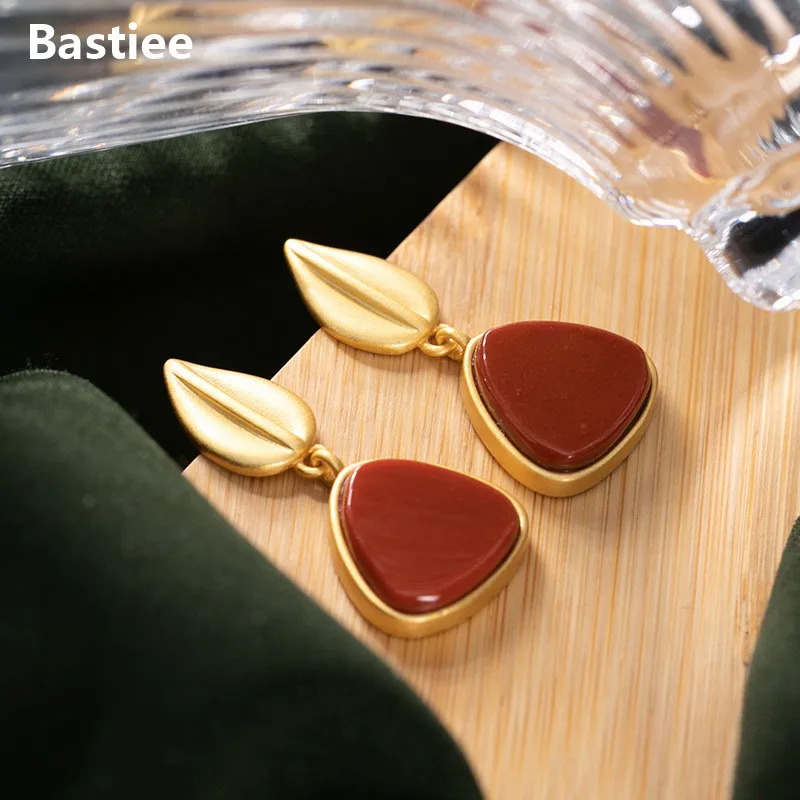 Bastiee Triangle Stud Earrings For Women Jewelry Leaf Drop Red Agate Earings Geometric Office Lady