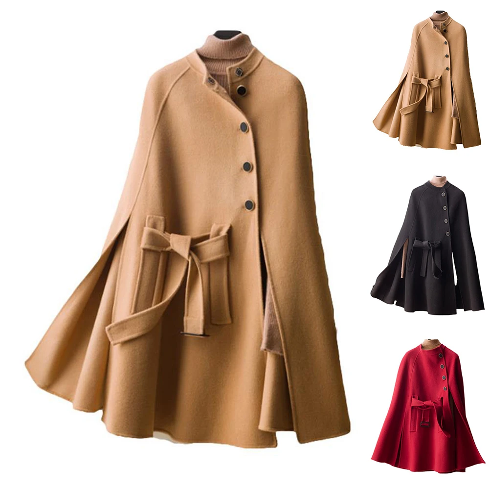 

Women Bandage Plain Mid Length Cloak Ladies Plain Buttons Coat Fashion Casual Loose Winter Warm Coat Tops Long Coat Clothes