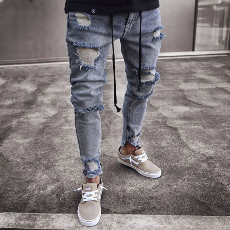 

Mens Cool Designer Brand Black Jeans Skinny Ripped Destroyed Stretch Slim Fit Hop Hop Pants With Holes For Men