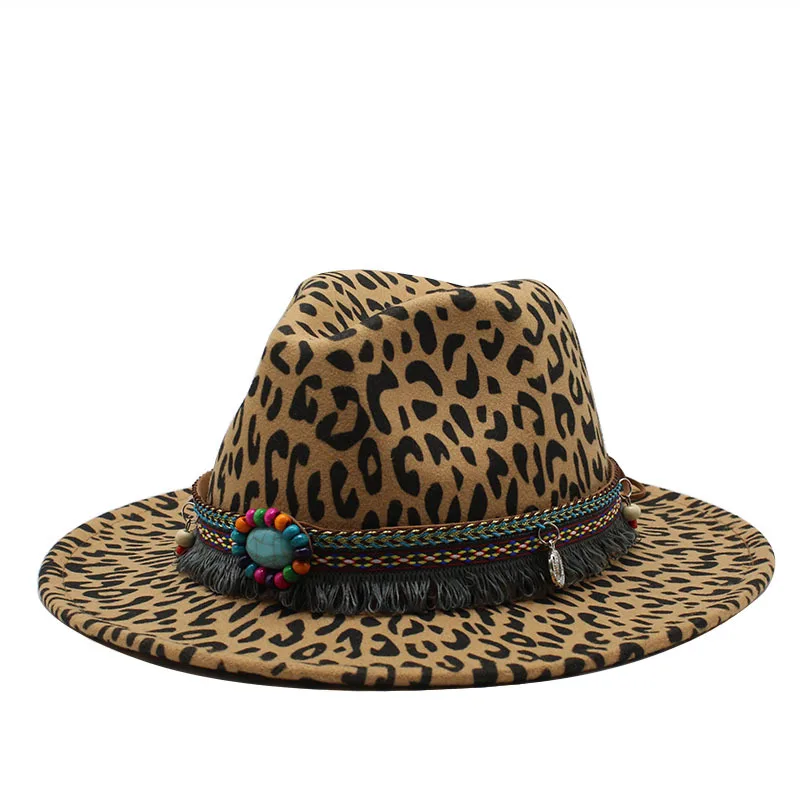 2020 new winter wool Fashion Leopard Printing Jazz Fedoras Men Women Vintage Trilby Cap Leisure Big Brim Felt Panama Hat | Аксессуары