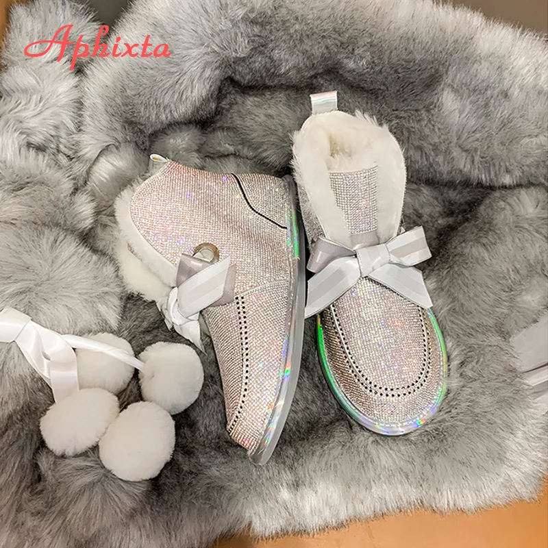 Женские зимние ботинки с блестящими стразами Aphixta теплые замшевые плюшевой