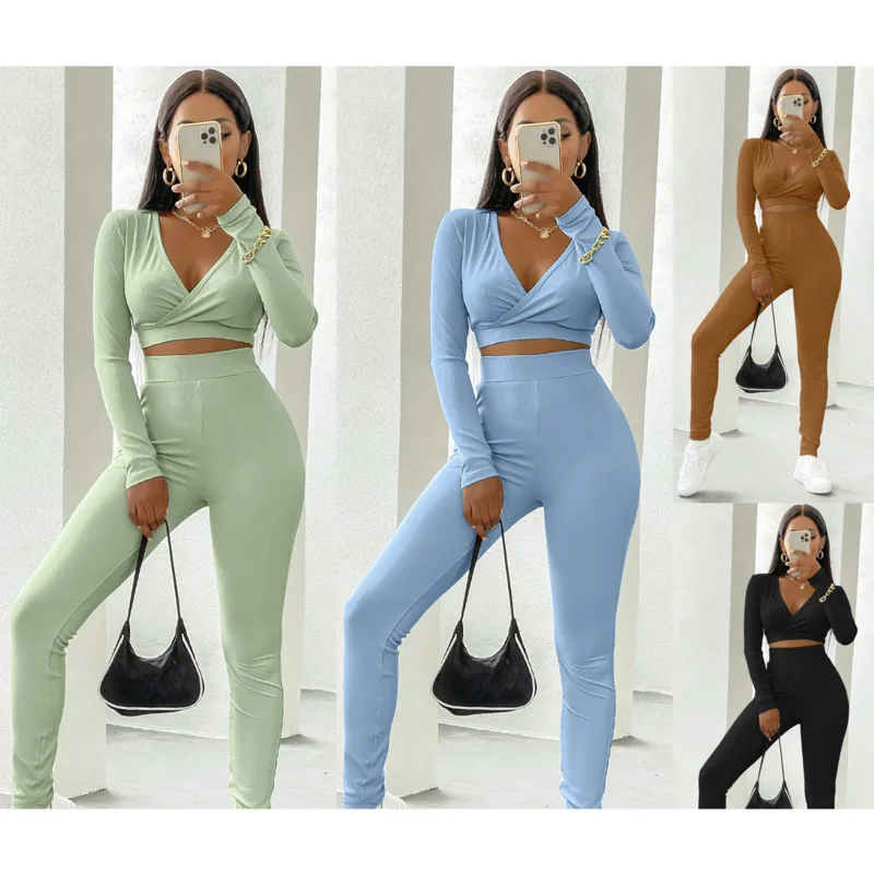 

Autumn And Winter New Style Solid Color V-neck Casual Tight-fitting Long-sleeved Trousers Sports Suit Women