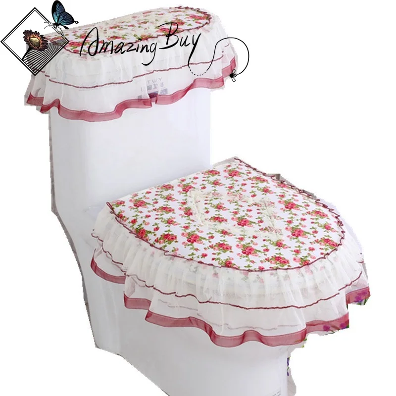 

AmazingBuy Lace Bathroom Toilet Seat Water Tank Cover Top Cover Toilet Pad Set Three-piece Toilet Seat Cover