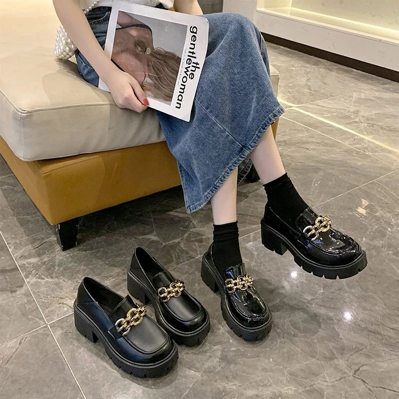 

Metal Chain Platform Oxford Shoes Women 2021 Autumn Designer Black PU Leather Chunky Flats Women Casual Boat Shoes Loafers