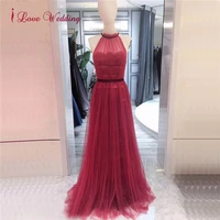 robe de soiree halter tulle evening gown custom made sleeves red a line sexy back evening dresses long cheap party gown