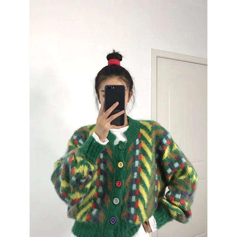 

Зеленый свитер в ретро японском стиле, пальто, женская мода, цвет на пуговицах, свободная верхняя одежда, вязаный кардиган, куртка, осень 2022 г...