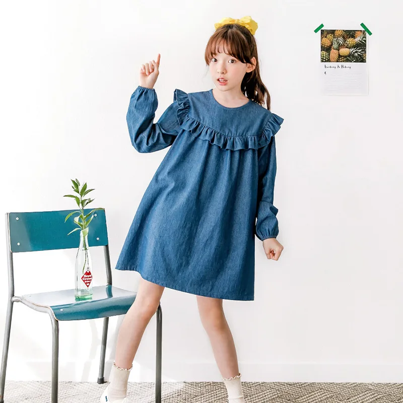 4 to14 yrs kids &amp teenager girls ruffle denim dress long sleeve cotton casual blue children fall winter princess vestidos | Детская