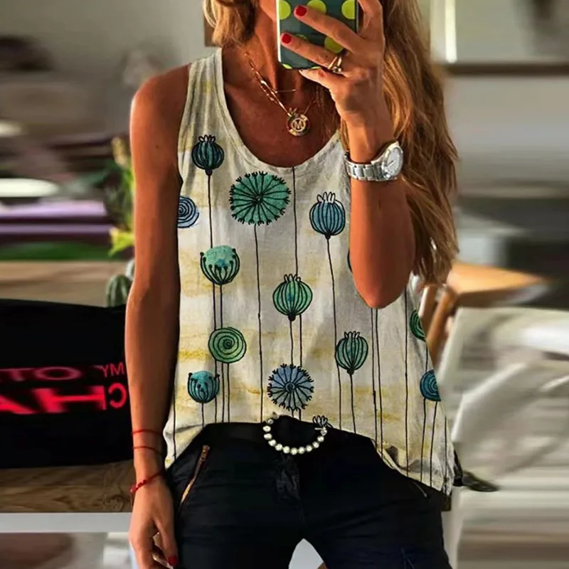 

Women Elegant O-Neck Harajuku Shirt Pullover Summer Casual Sleeveless Blouse Vest Vintage Print Loose Tank Tops Blusa Streetwear