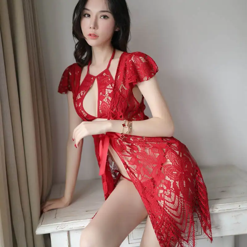 

Sexy Lingerie, Hanging Neck, Lace-Up, Thong, Short-Sleeved Robe, Irregular Skirt, Hollow Temptation, Transparent Bathrobe